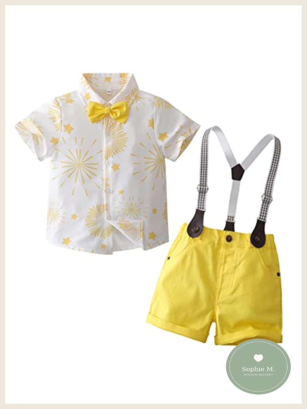 Boys Formal Short Sleeve Shirt and Shorts Set with Bowtie Suspenders Cotton